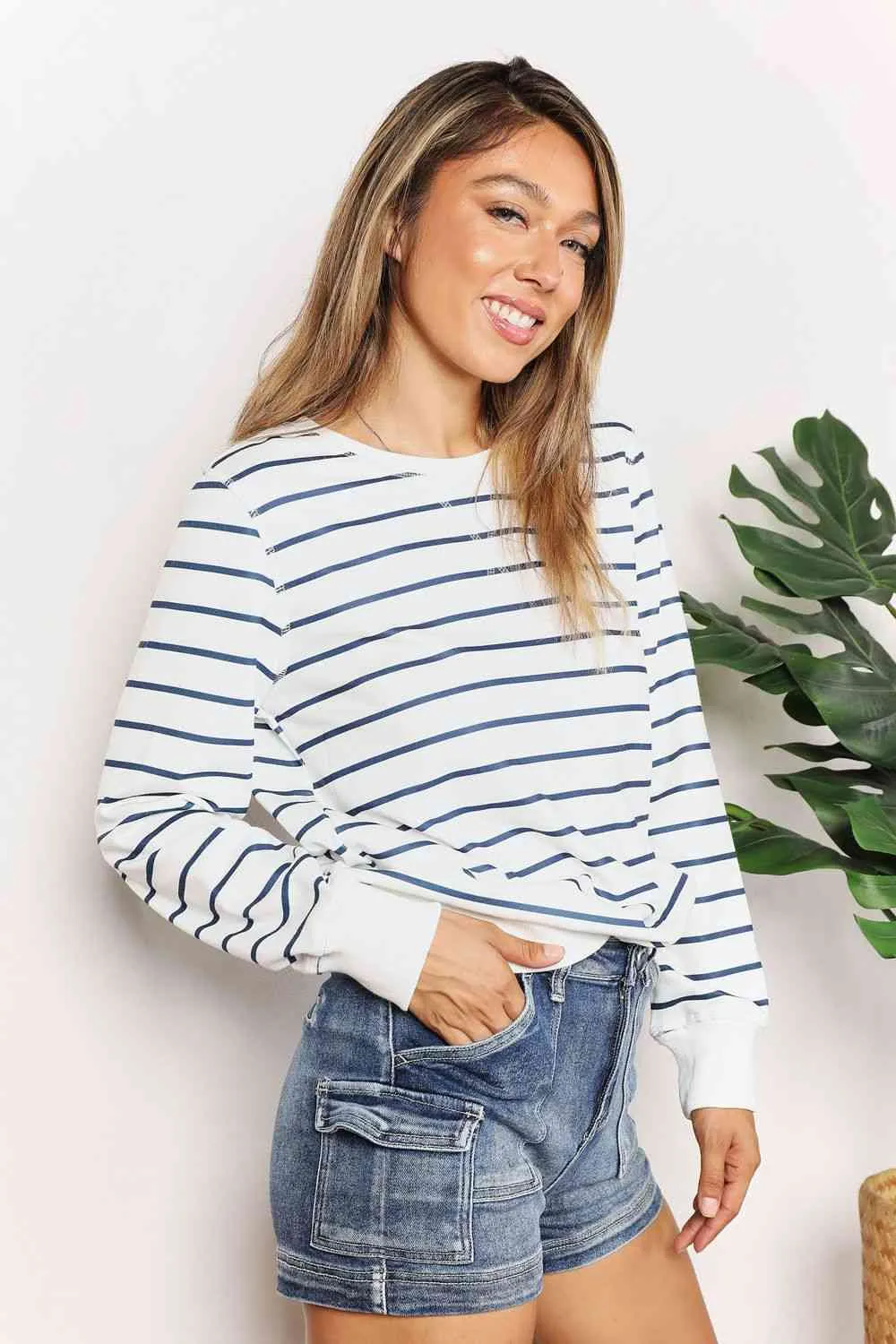 Women's Double Take Striped Long Sleeve Round Neck Top