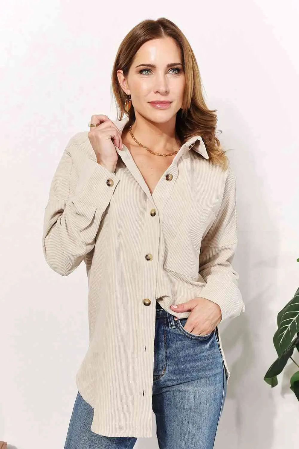 Women's HEYSON Full Size Oversized Corduroy  Button-Down Tunic Shirt with Bust Pocket