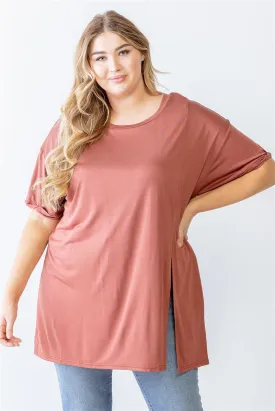 Women's Plus Brick Round Neck Short Sleeve Relax Top