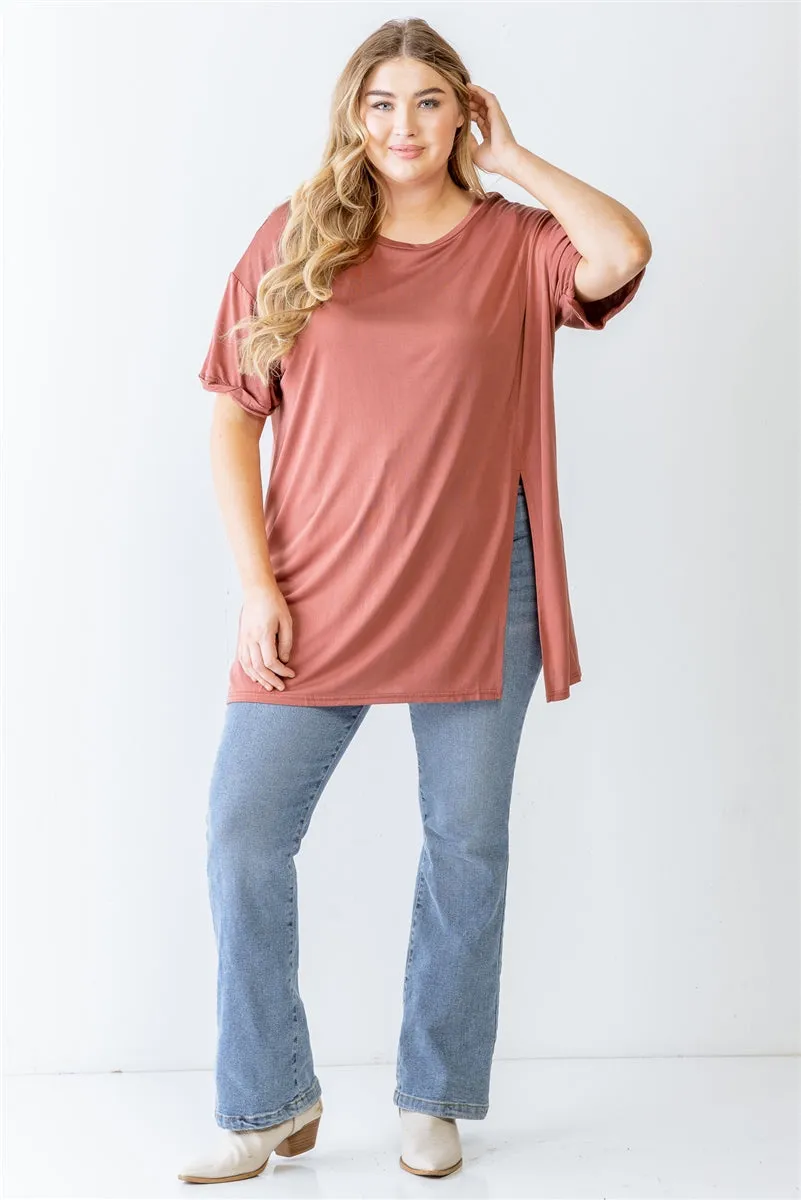 Women's Plus Brick Round Neck Short Sleeve Relax Top