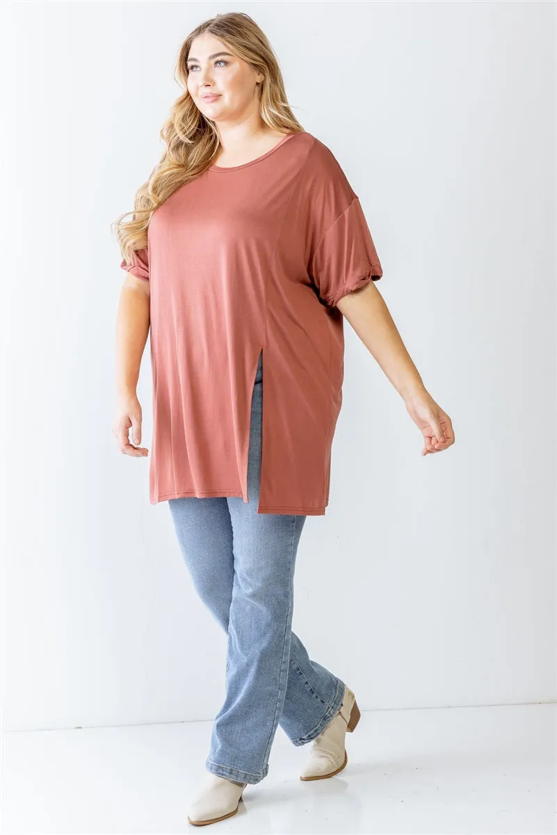 Women's Plus Brick Round Neck Short Sleeve Relax Top