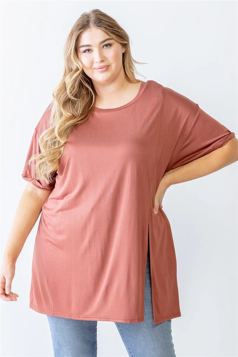 Women's Plus Brick Round Neck Short Sleeve Relax Top