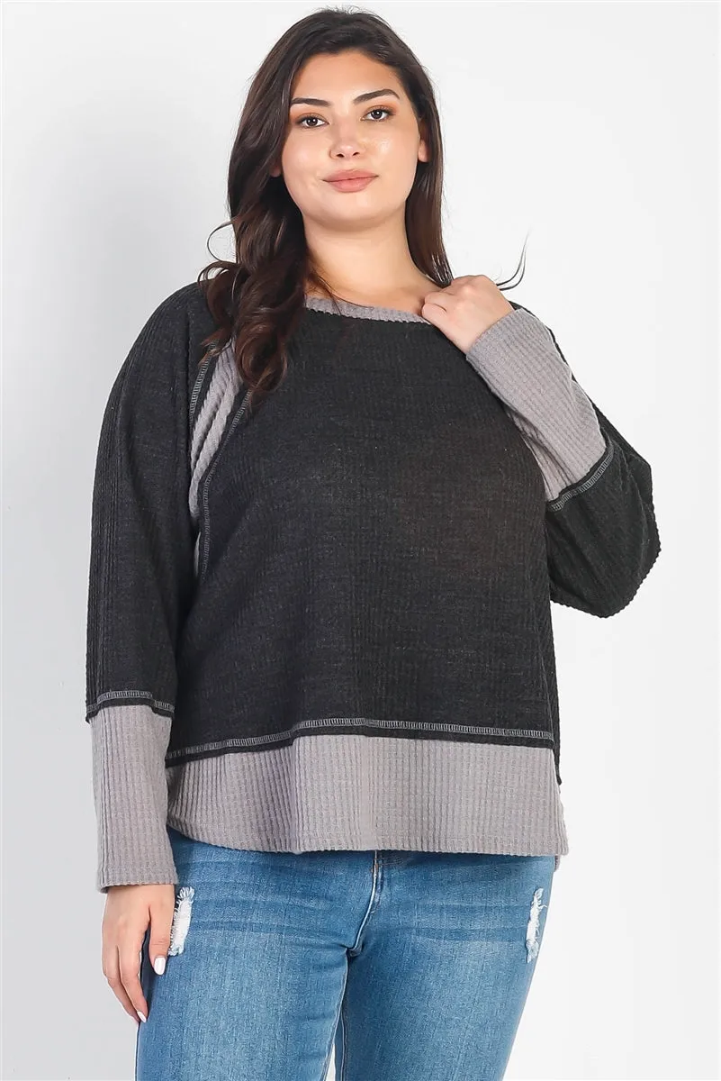 Women's Plus Charcoal & Grey Colorblock Waffle Knit Long Sleeve Top