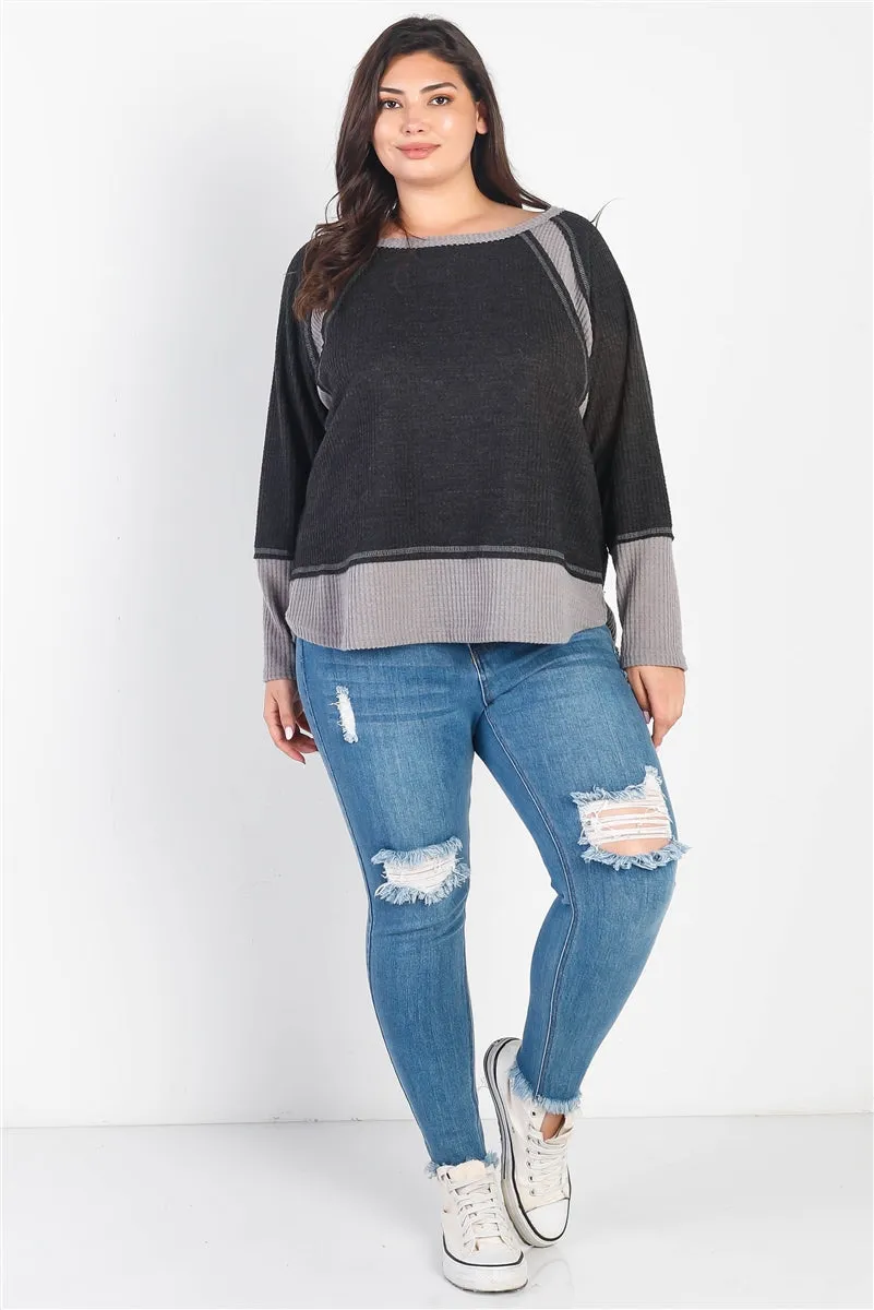 Women's Plus Charcoal & Grey Colorblock Waffle Knit Long Sleeve Top