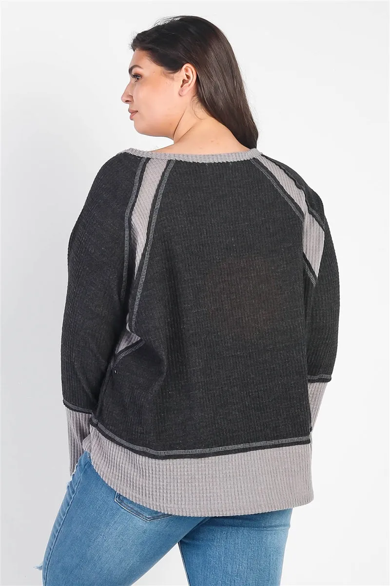 Women's Plus Charcoal & Grey Colorblock Waffle Knit Long Sleeve Top