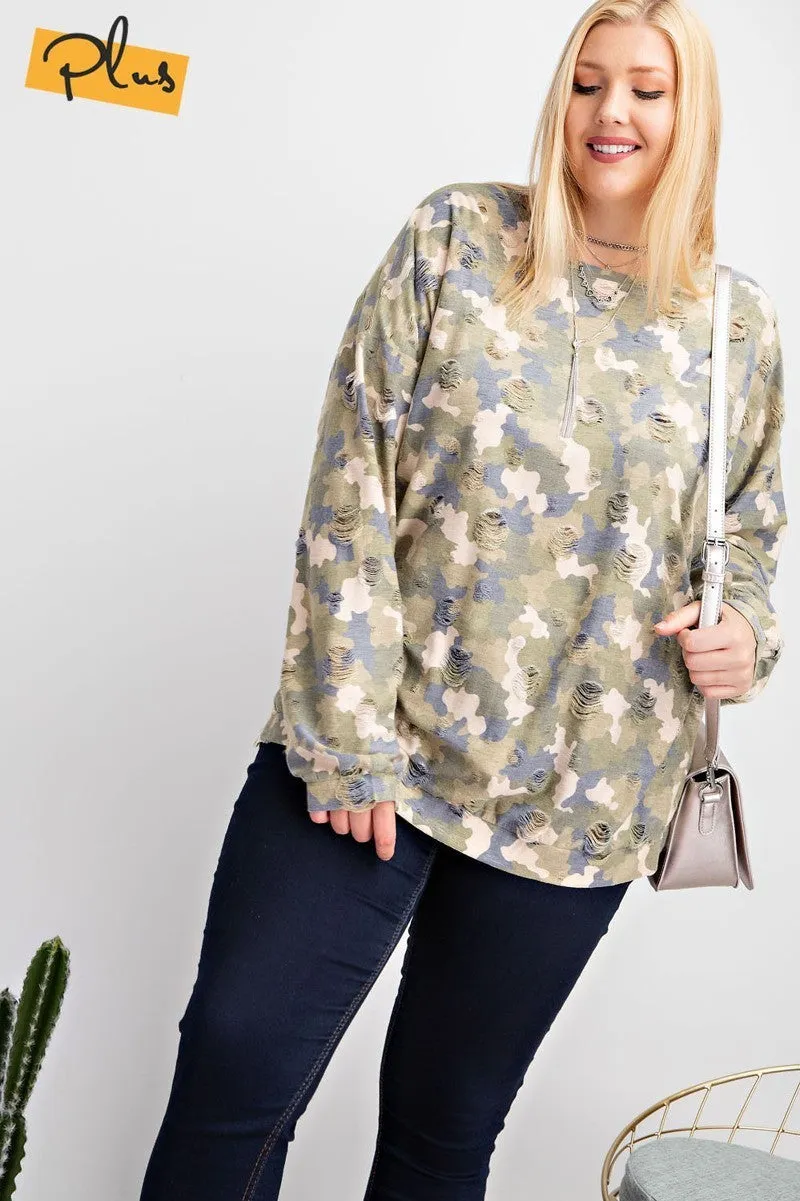 Women's Plus Size Long Sleeve Distressed Printed Rayon Pullover Top