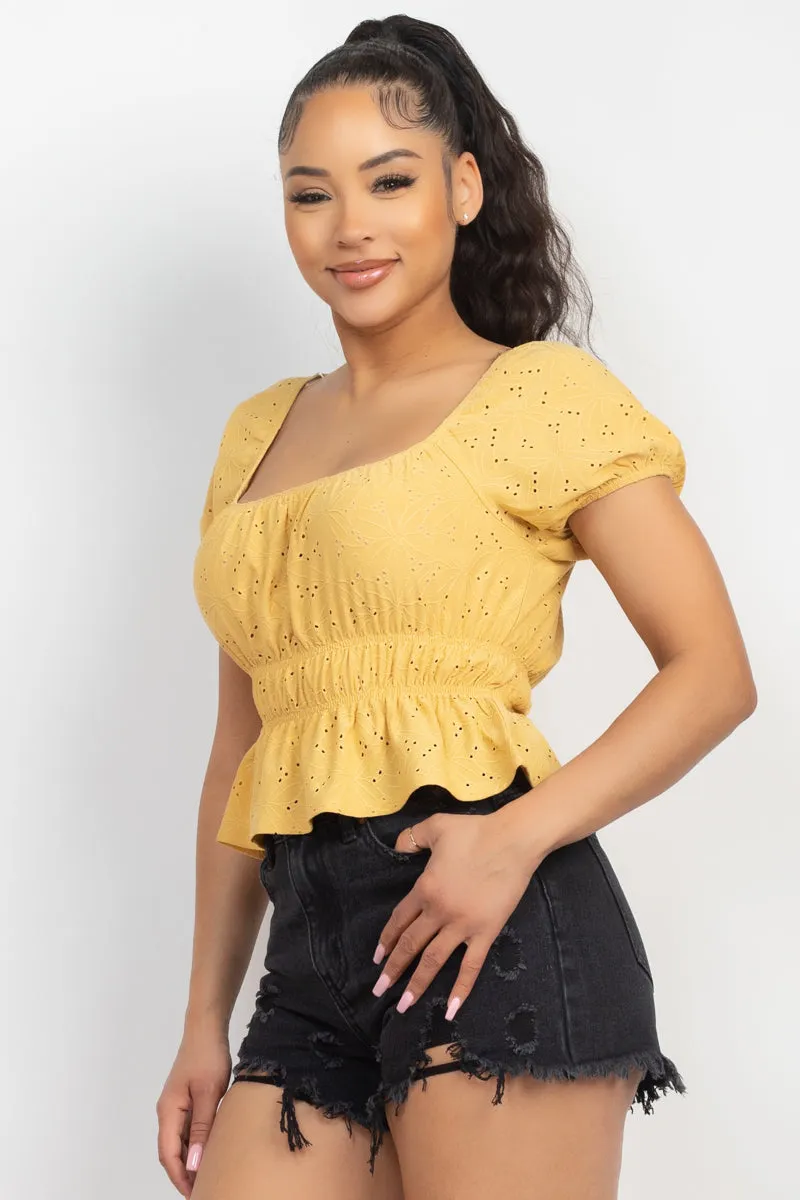 Women's Puff Sleeve Eyelet Peplum Top