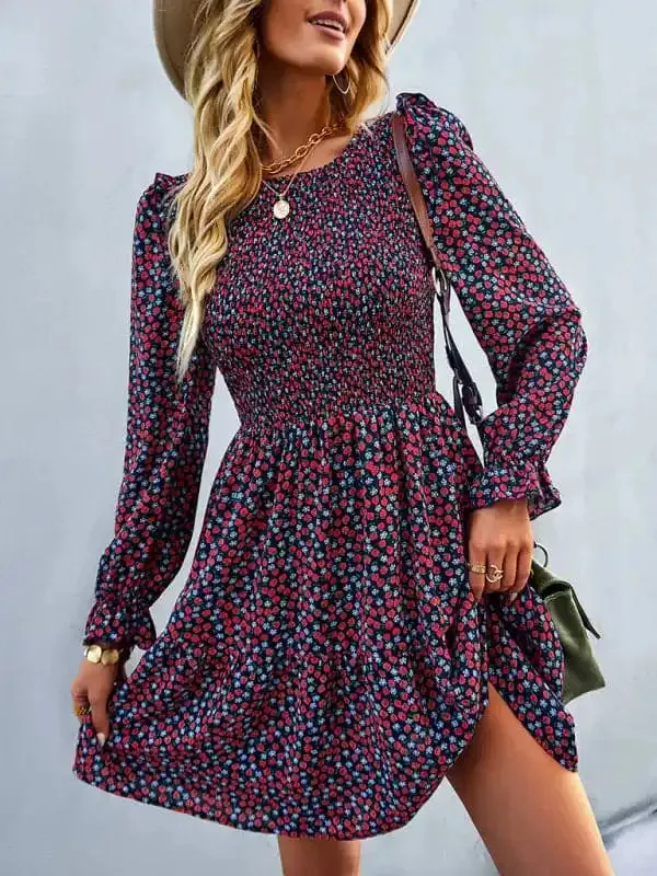 Women’s round neck long sleeve versatile Floral Dress