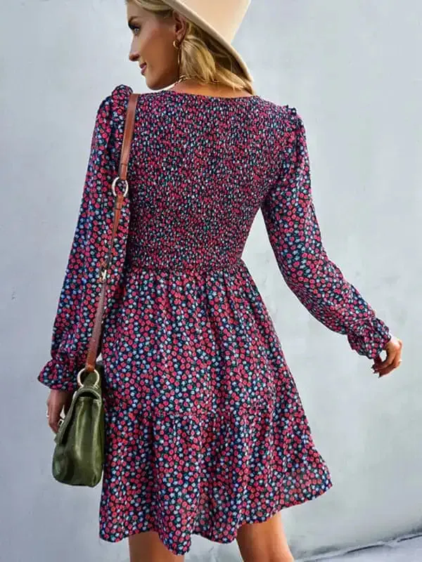 Women’s round neck long sleeve versatile Floral Dress