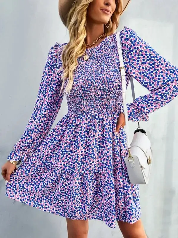 Women’s round neck long sleeve versatile Floral Dress