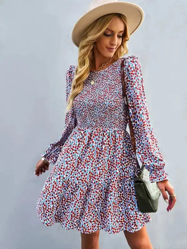 Women’s round neck long sleeve versatile Floral Dress