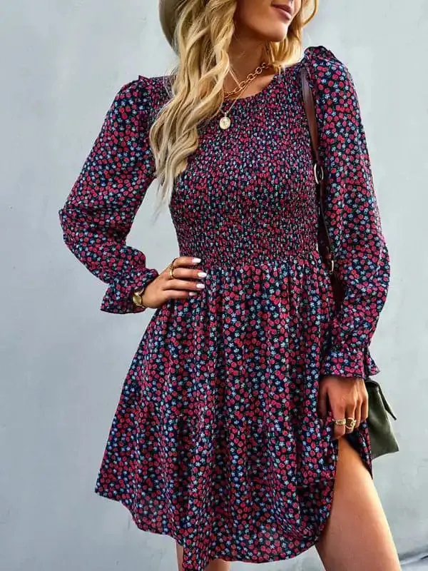 Women’s round neck long sleeve versatile Floral Dress