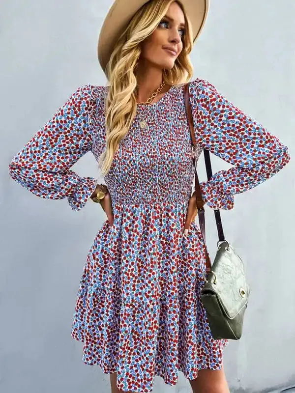 Women’s round neck long sleeve versatile Floral Dress