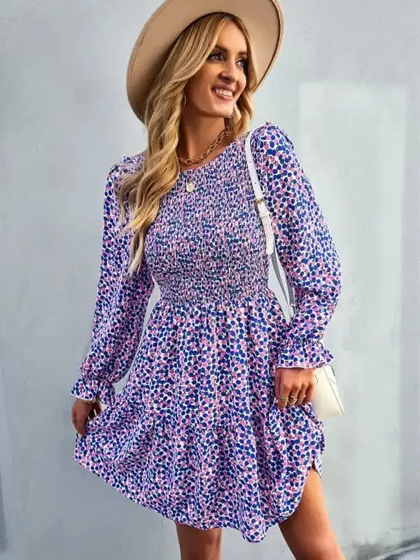 Women’s round neck long sleeve versatile Floral Dress