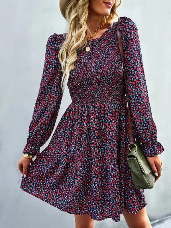 Women’s round neck long sleeve versatile Floral Dress