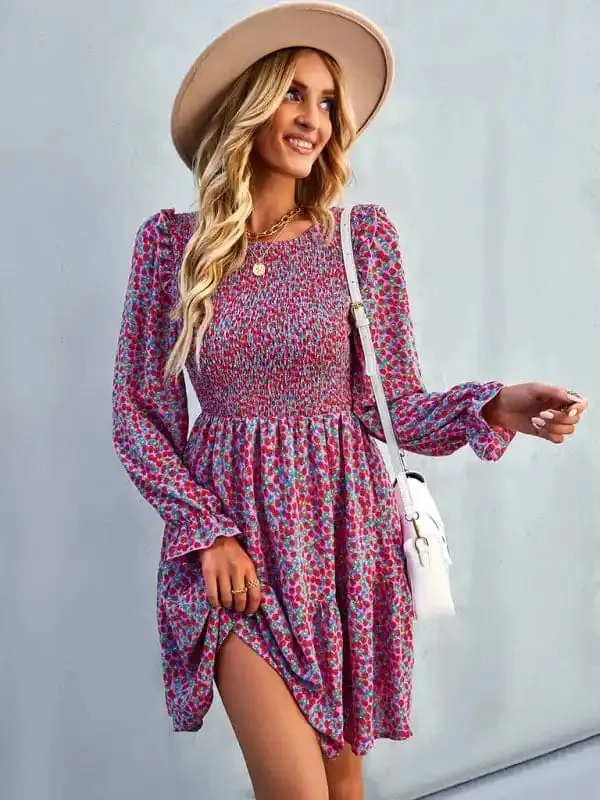 Women’s round neck long sleeve versatile Floral Dress