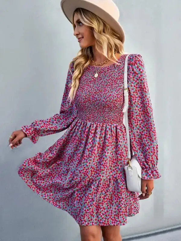 Women’s round neck long sleeve versatile Floral Dress