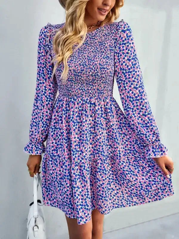 Women’s round neck long sleeve versatile Floral Dress