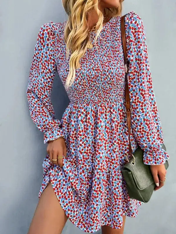 Women’s round neck long sleeve versatile Floral Dress