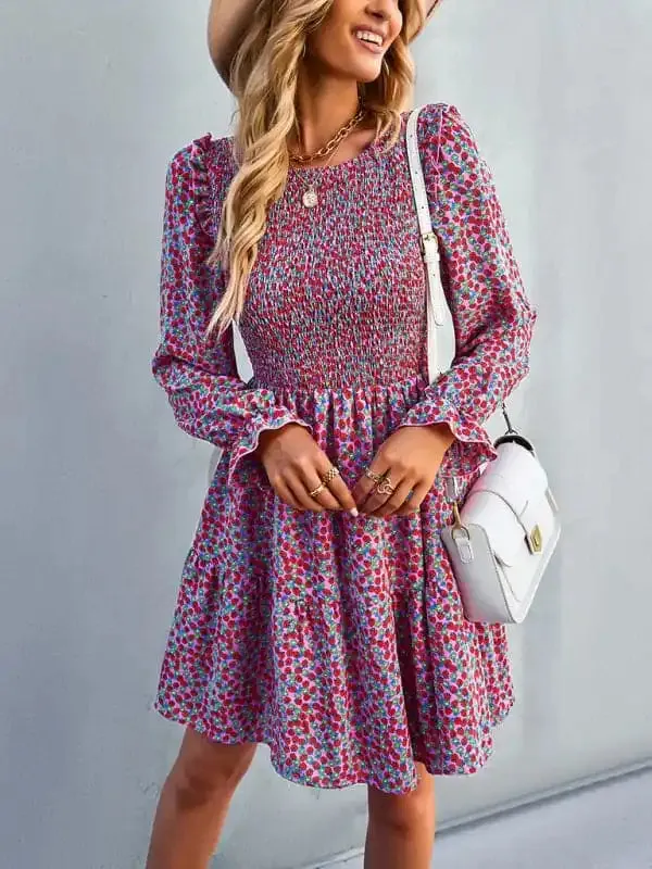 Women’s round neck long sleeve versatile Floral Dress