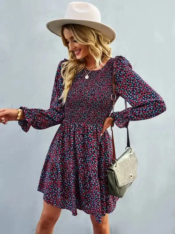 Women’s round neck long sleeve versatile Floral Dress