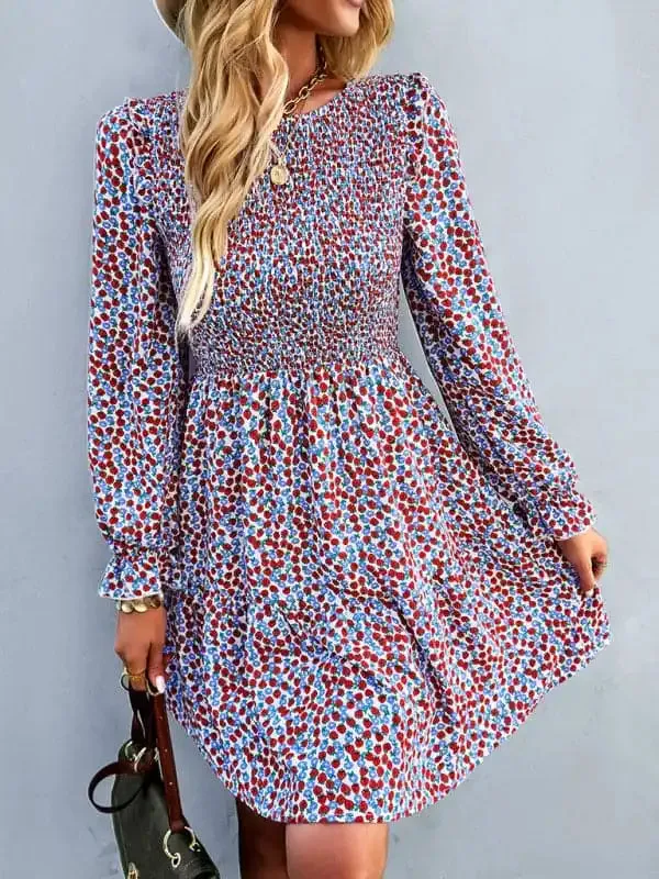 Women’s round neck long sleeve versatile Floral Dress