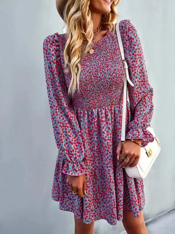 Women’s round neck long sleeve versatile Floral Dress