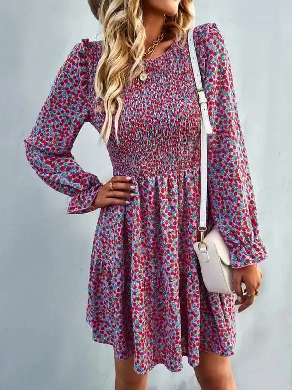 Women’s round neck long sleeve versatile Floral Dress