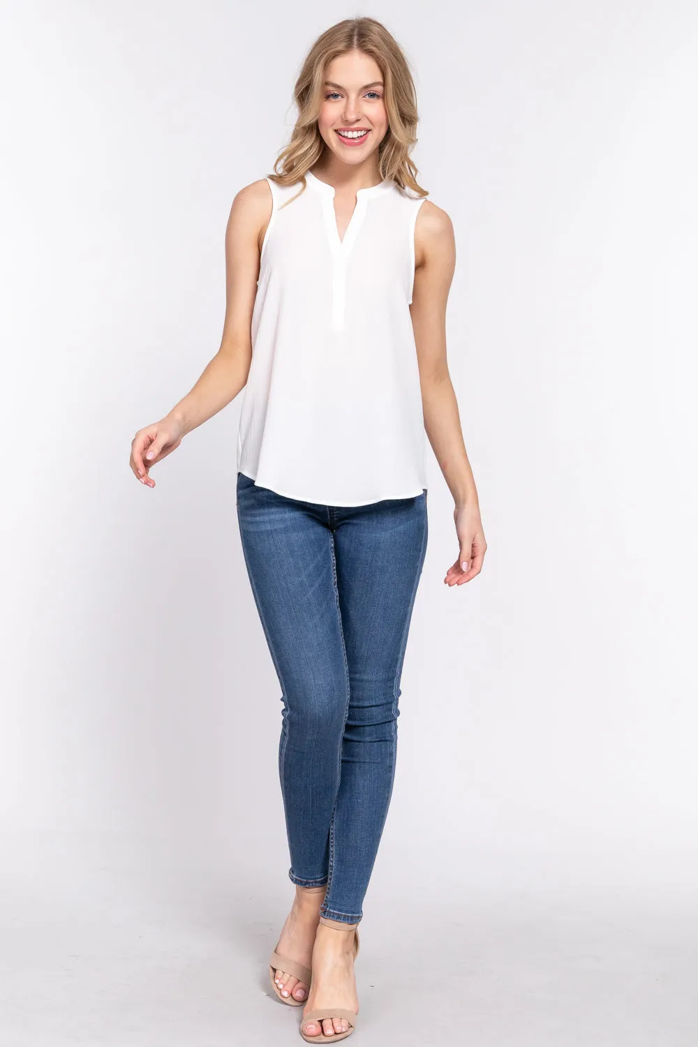 Women's Sleeveless Henley Neck Woven Top