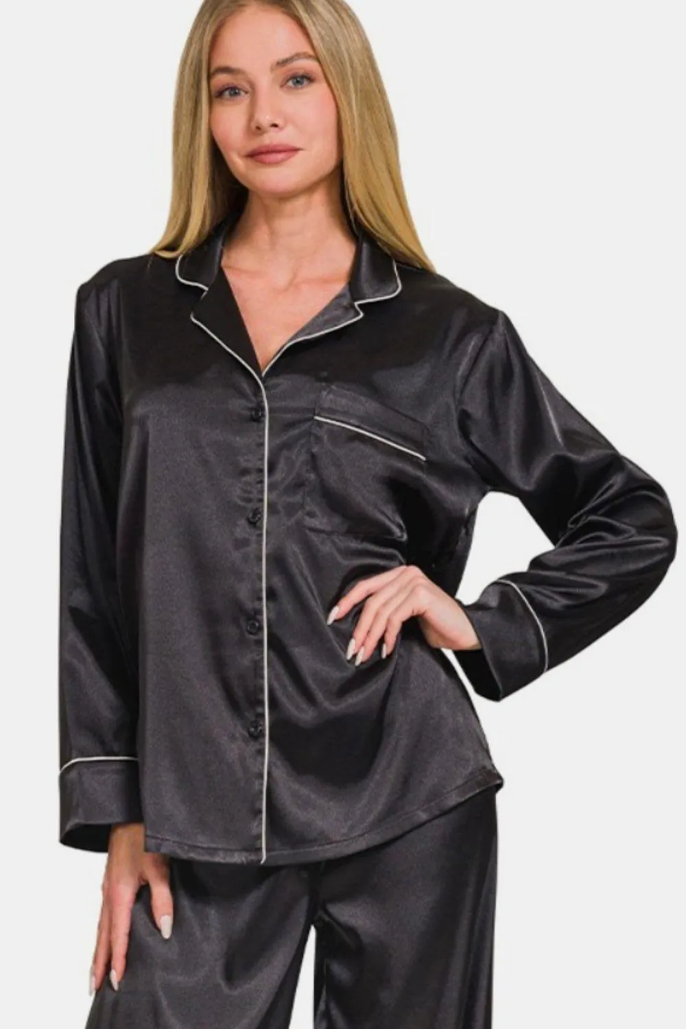 Zenana Satin Pajama Long Sleeve Shirt and Pants