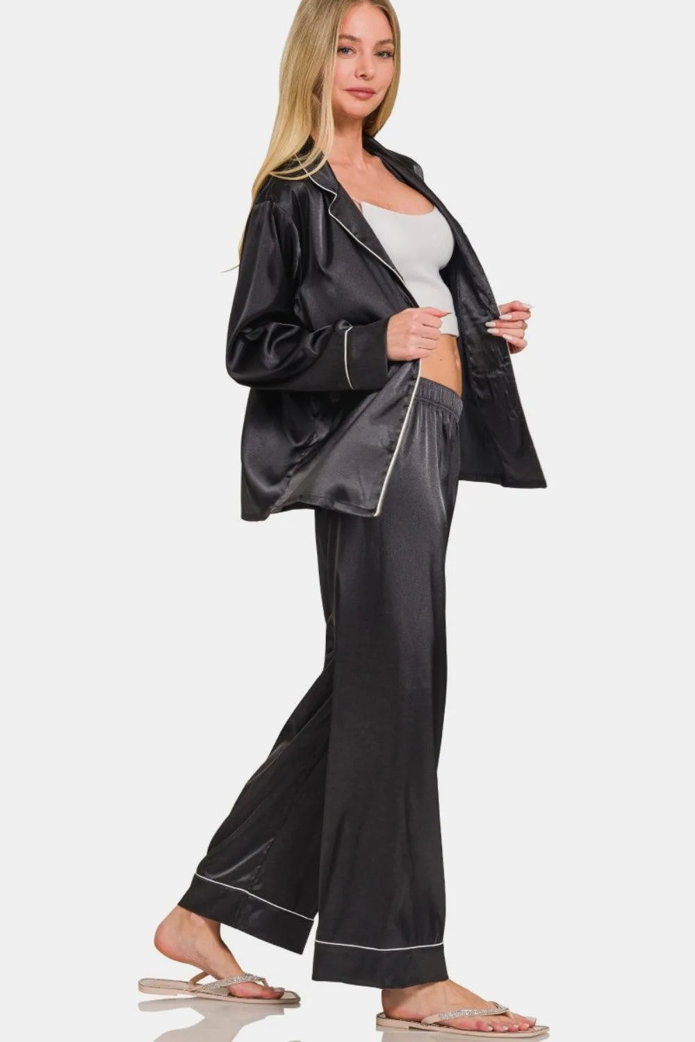 Zenana Satin Pajama Long Sleeve Shirt and Pants