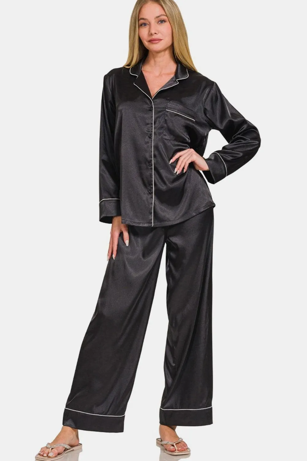 Zenana Satin Pajama Long Sleeve Shirt and Pants